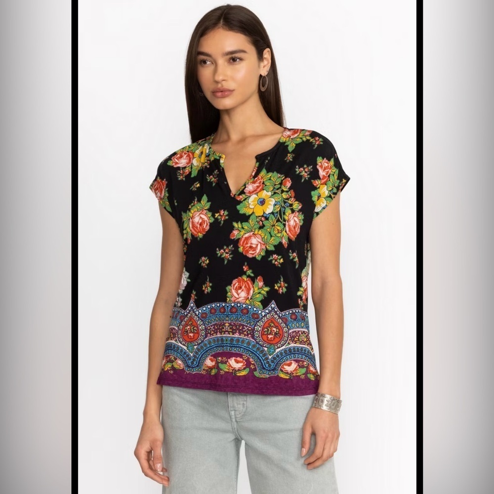 Johnny Was The Janie Favorite Dolman Artsy V-Neck Floral Tee Art To Wear Top Lg
